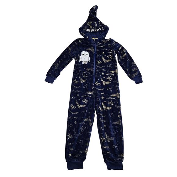 Harry Potter Hooded Pajama One Piece Unisex Kids M 7/8 Hogwarts Fleece Blue Gold - Picture 1 of 12